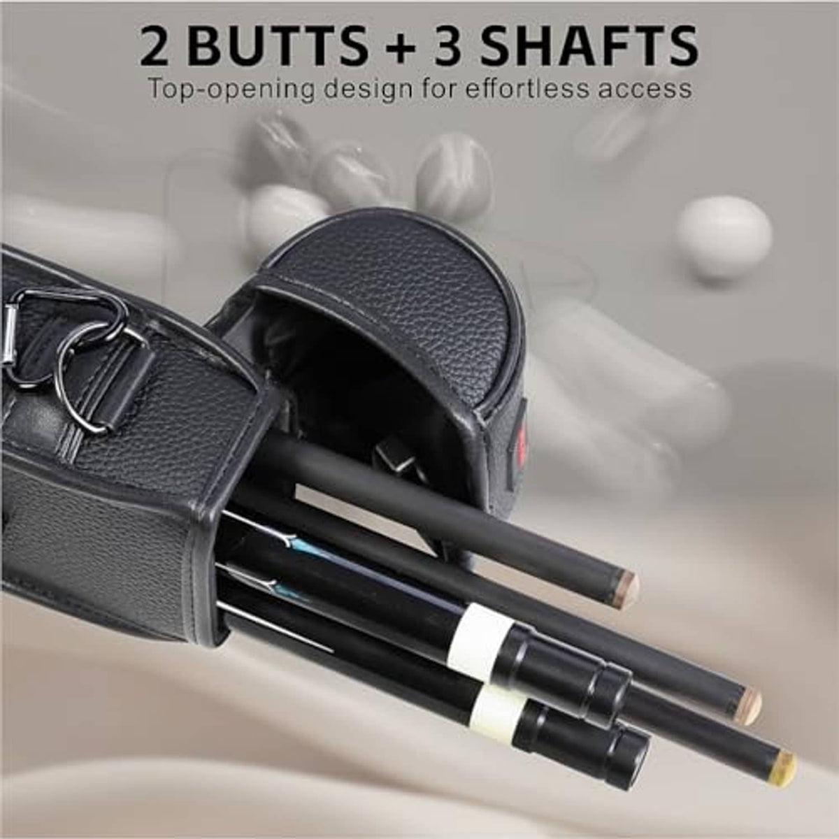 Black billiard cue case holding cue sticks inside a zippered compartment