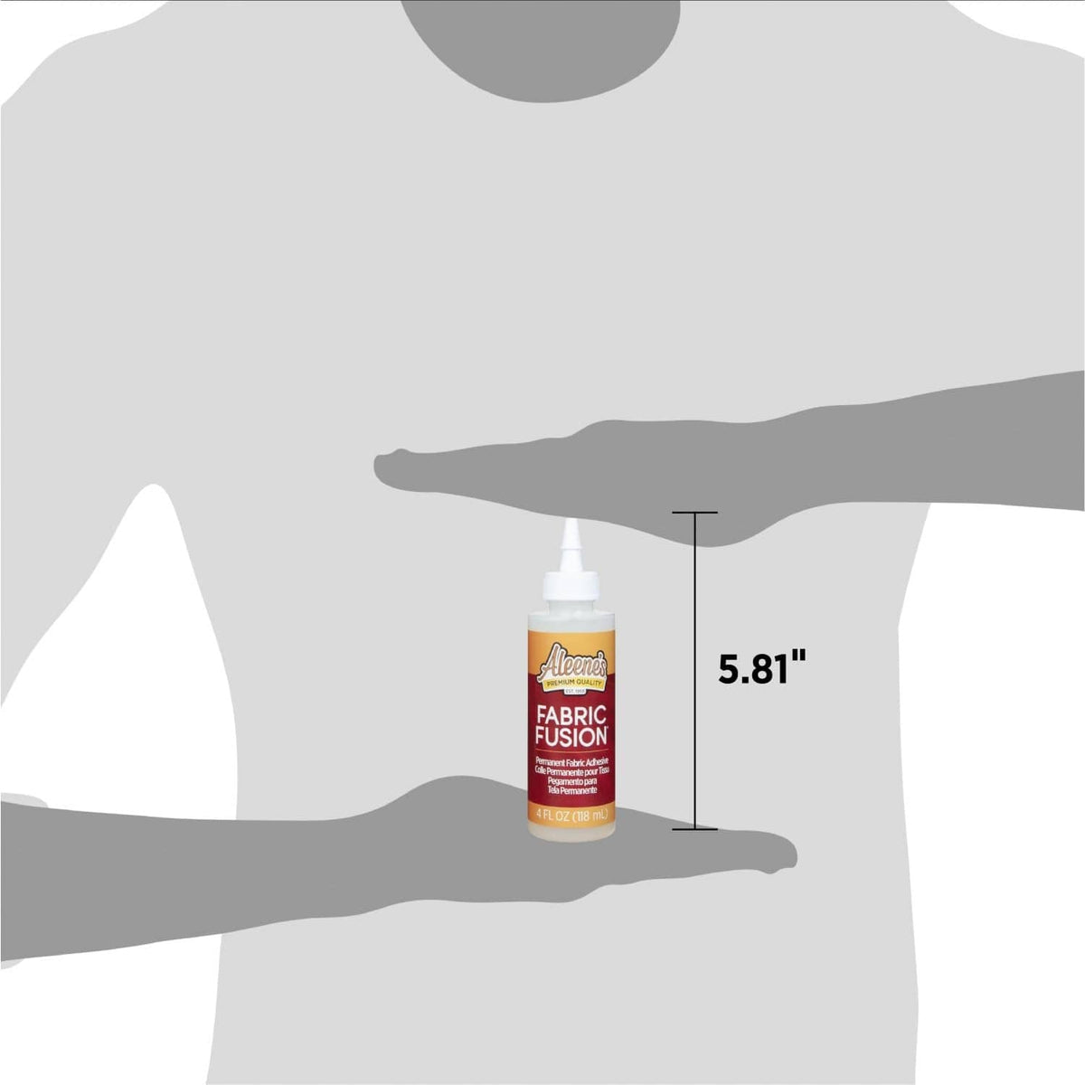 Aleene's Fabric Fusion bottle with 5.81 in height measurement beside a body outline.