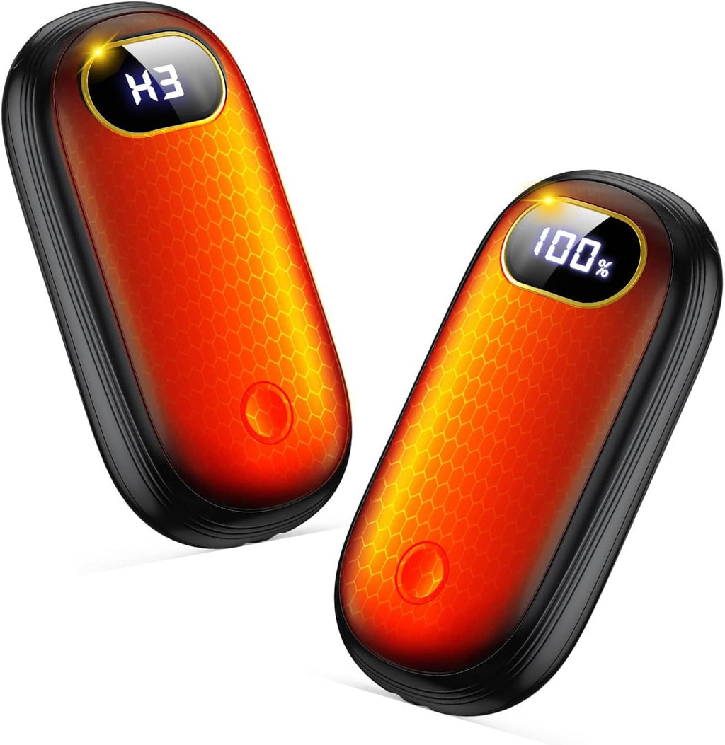 Two rechargeable electric hand warmers with red honeycomb front, black sides, LED indicator