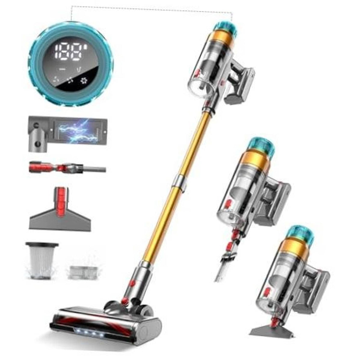 Cordless stick vacuum cleaner with teal LED power display and gold handle