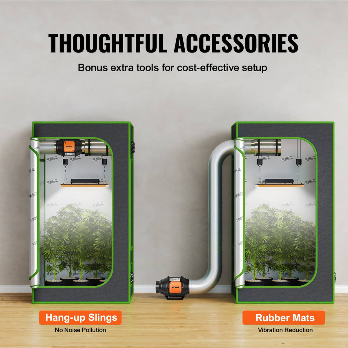 Inline duct fan setup with hanging slings and rubber mats accessories