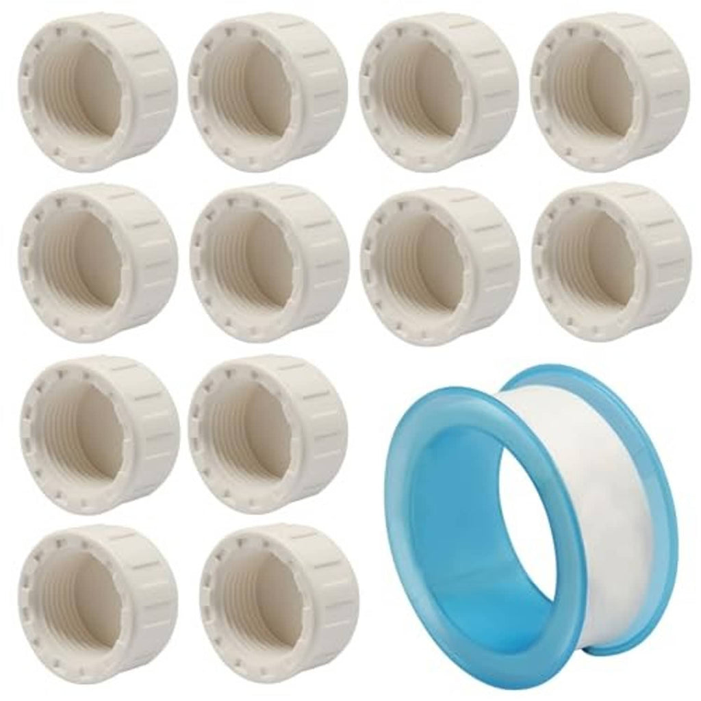 Set of 12 white PVC end pipe cap fittings with female threads, 3/4 in size