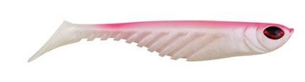 Soft plastic shad fishing bait, white body with pink stripe and red eye