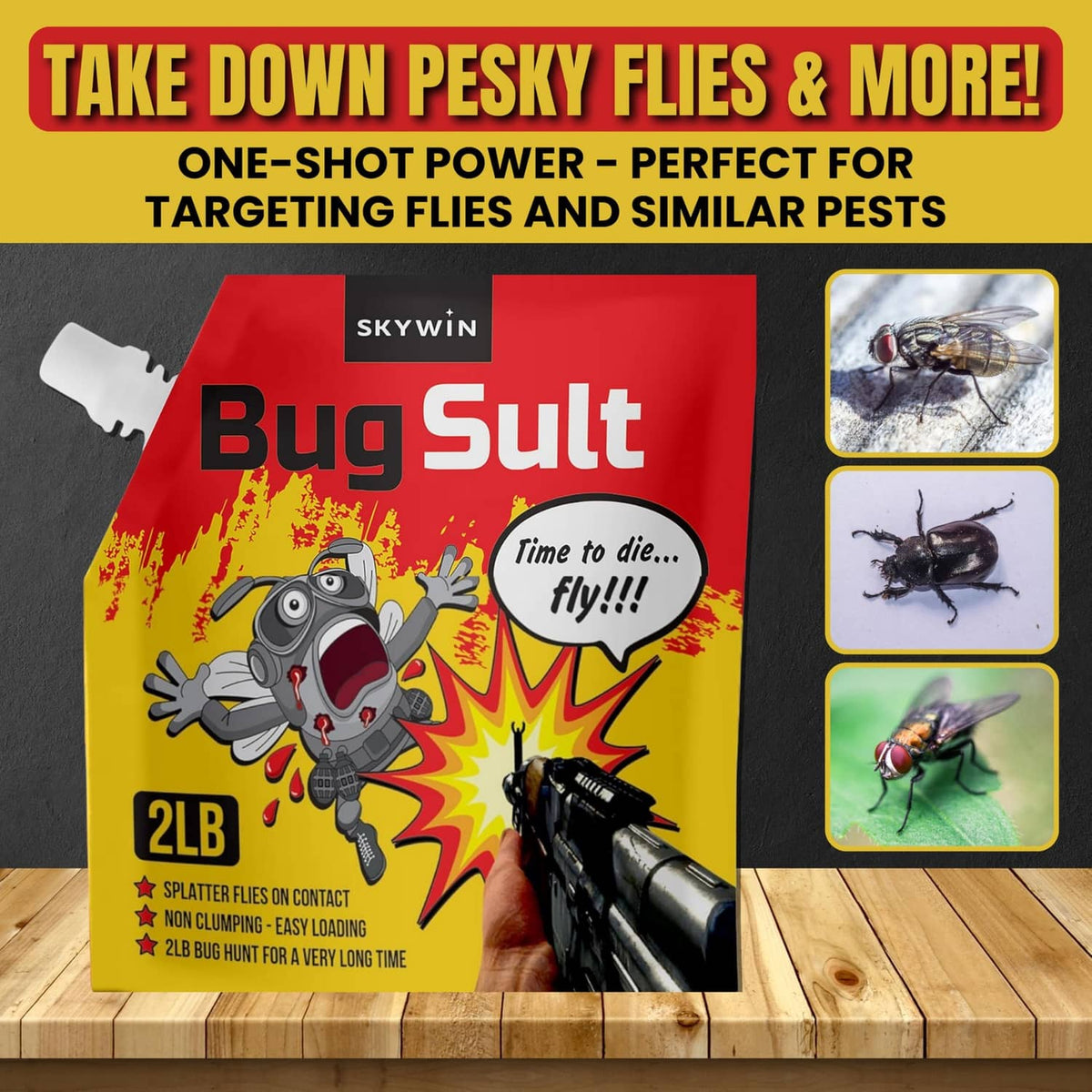 BugSult 2 lb refill salt pouch with pest-targeting icons and spray-gun graphic