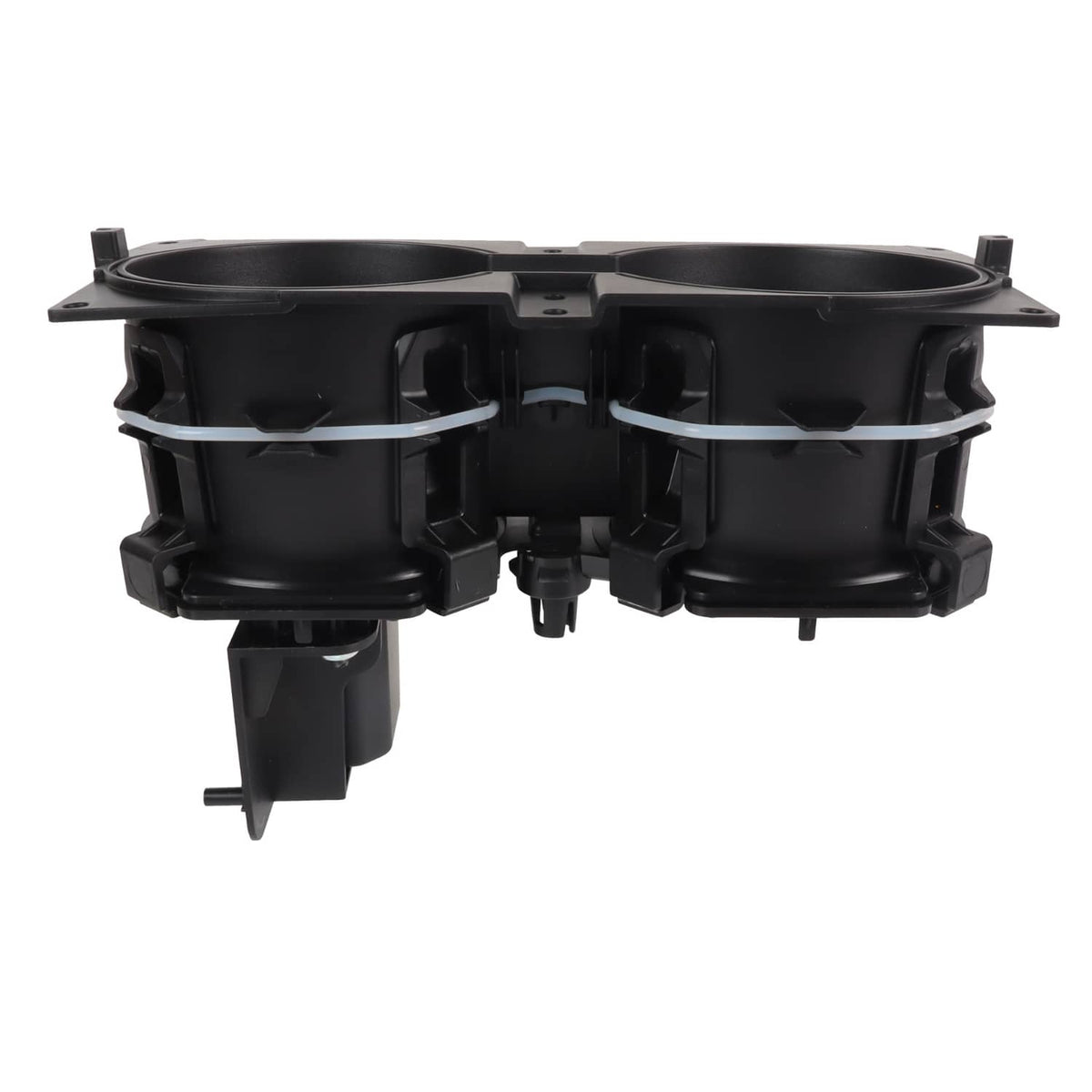 Dual cup holder insert, black plastic with two cup openings and side latch brackets