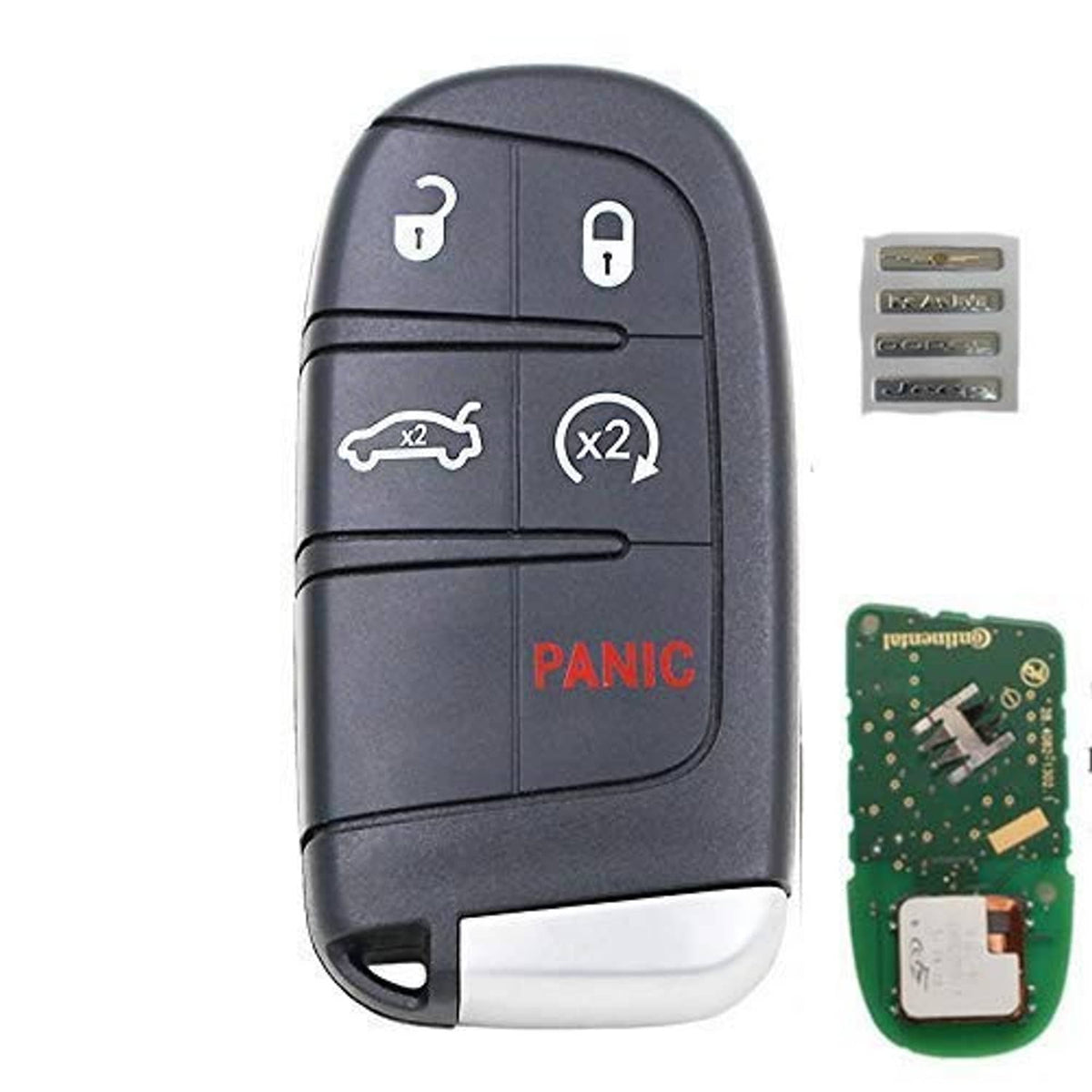 Dark gray 5-button keyless car key fob with PANIC label, plus green circuit board.