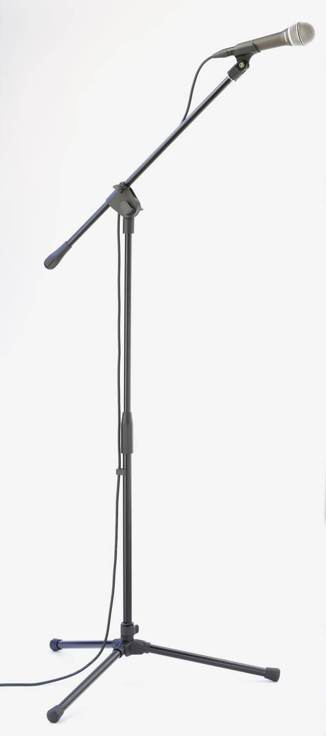 Adjustable microphone boom stand with boom arm and tripod legs, dark gray