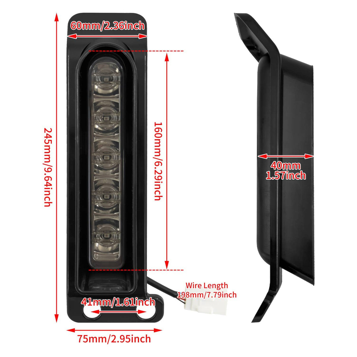 Saddlebag LED filler lights size diagram with black rectangular housing and mounting holes