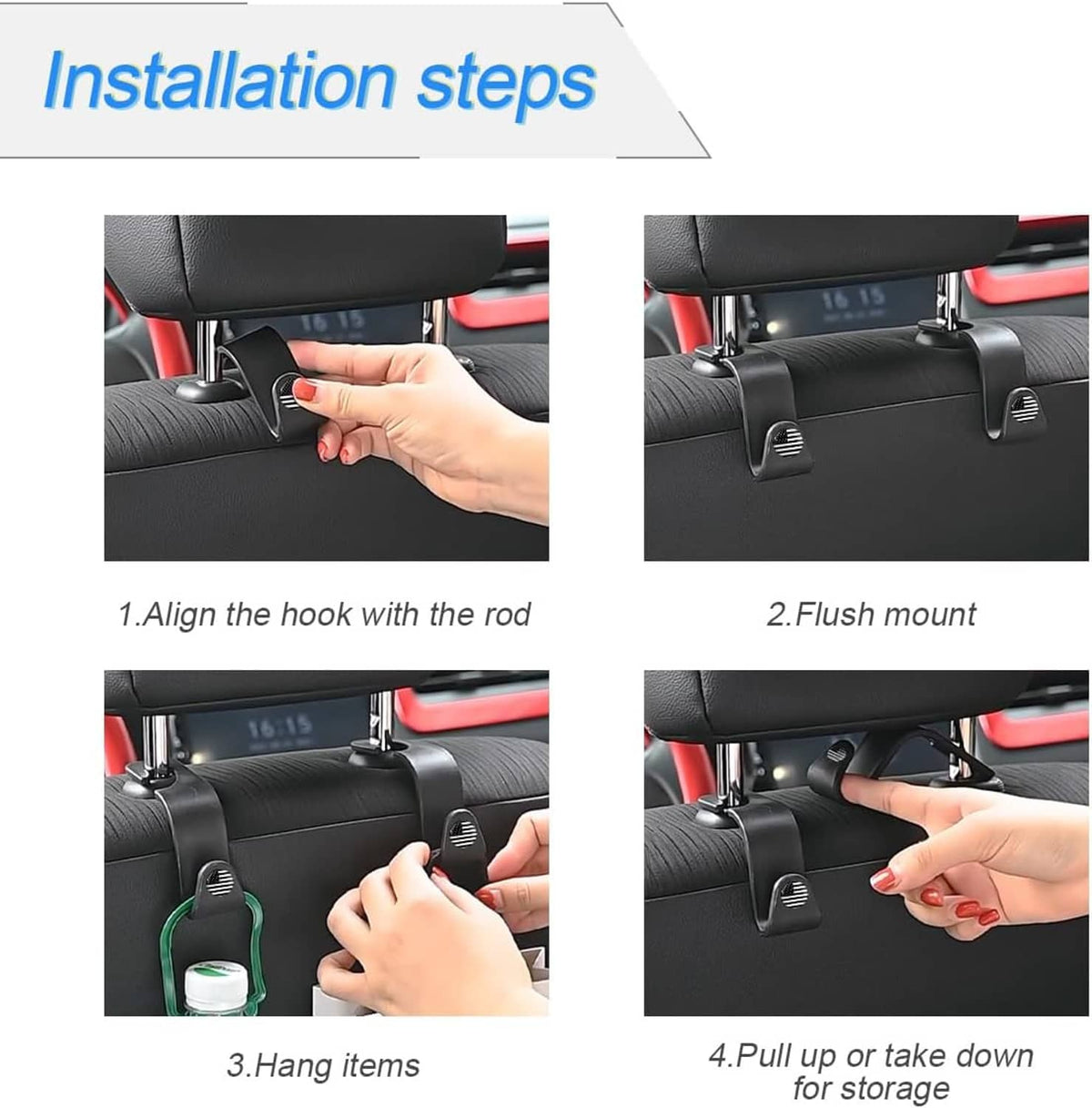 Black headrest hook installation shown by hands placing and hanging items