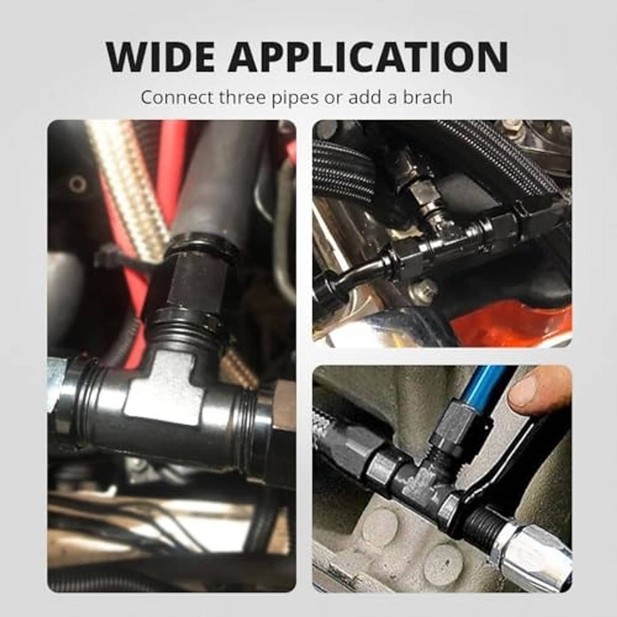 Black AN flare tee fitting mounted between hoses in vehicle engine area