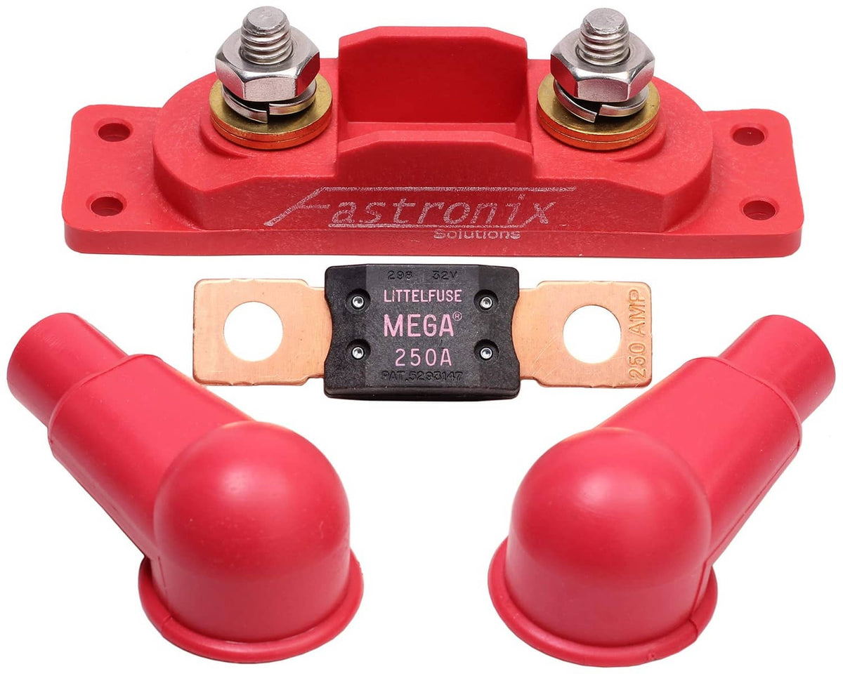 Red mega fuse holder kit with two studs, MEGA 250A fuse, and red end caps.