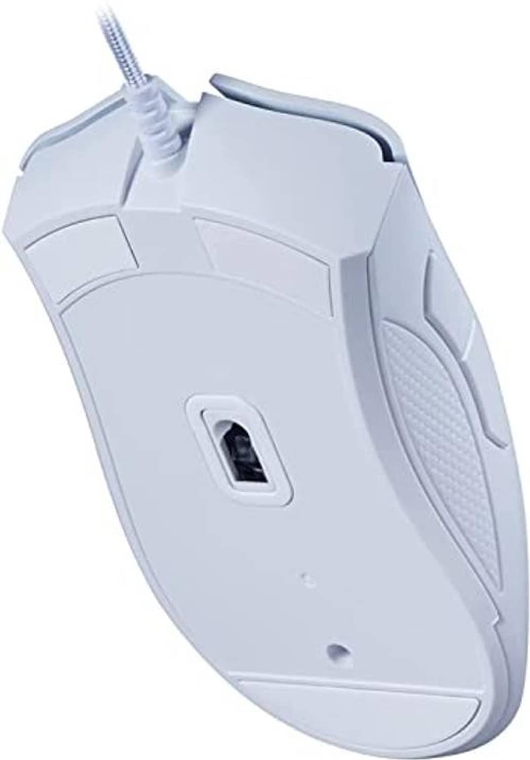 White gaming mouse underside with sensor window and textured skids on base.