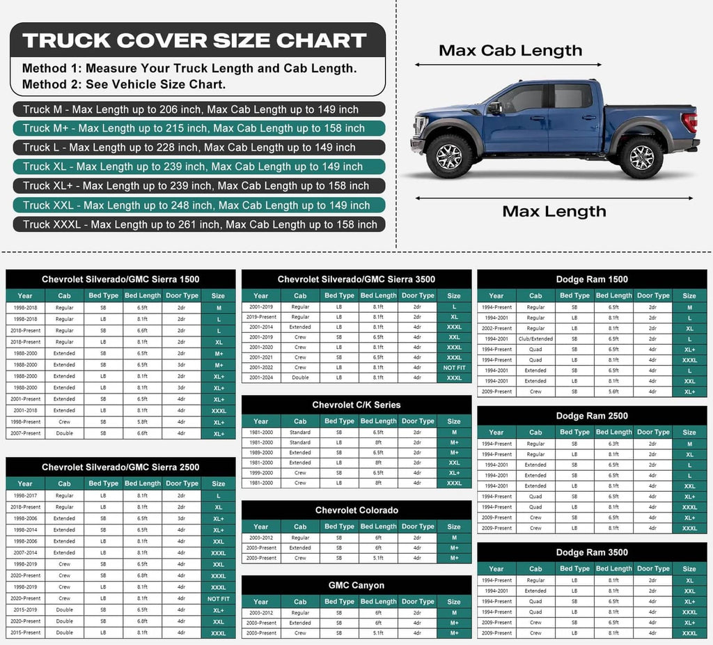 Truck cover size chart table for compatible sizes across many truck models