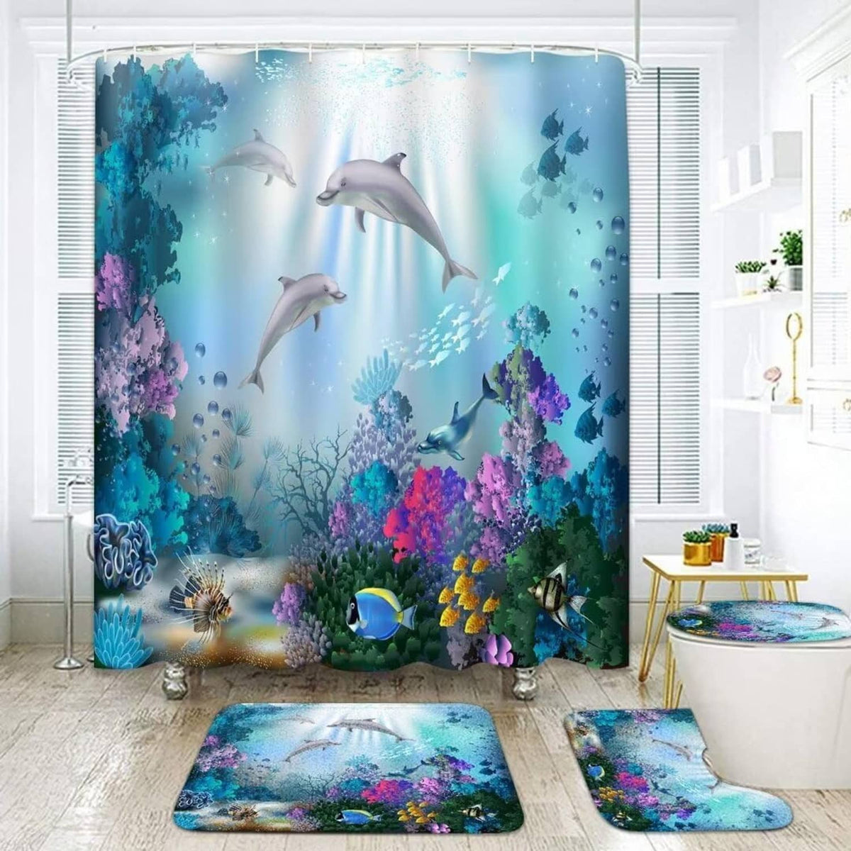 Sea dolphin shower curtain set with ocean fish and coral scene plus two coordinating mats