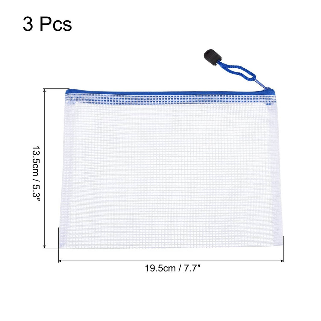 White mesh document pouch with blue zipper and top cord pulls, 19.5 x 13.5 cm