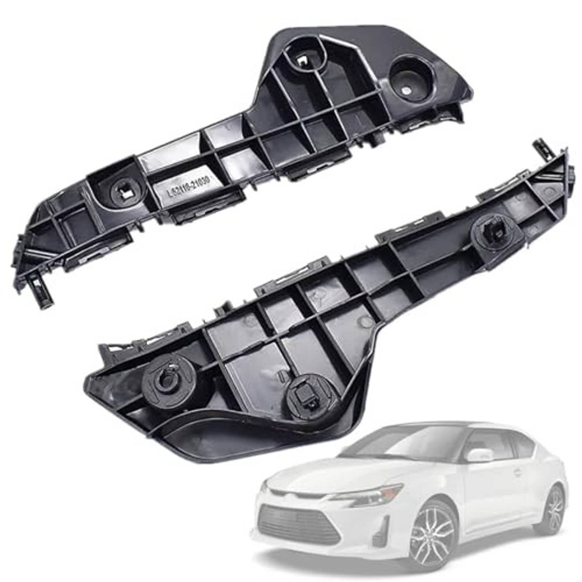 Pair of black front bumper bracket mounts with circular inserts and side tabs