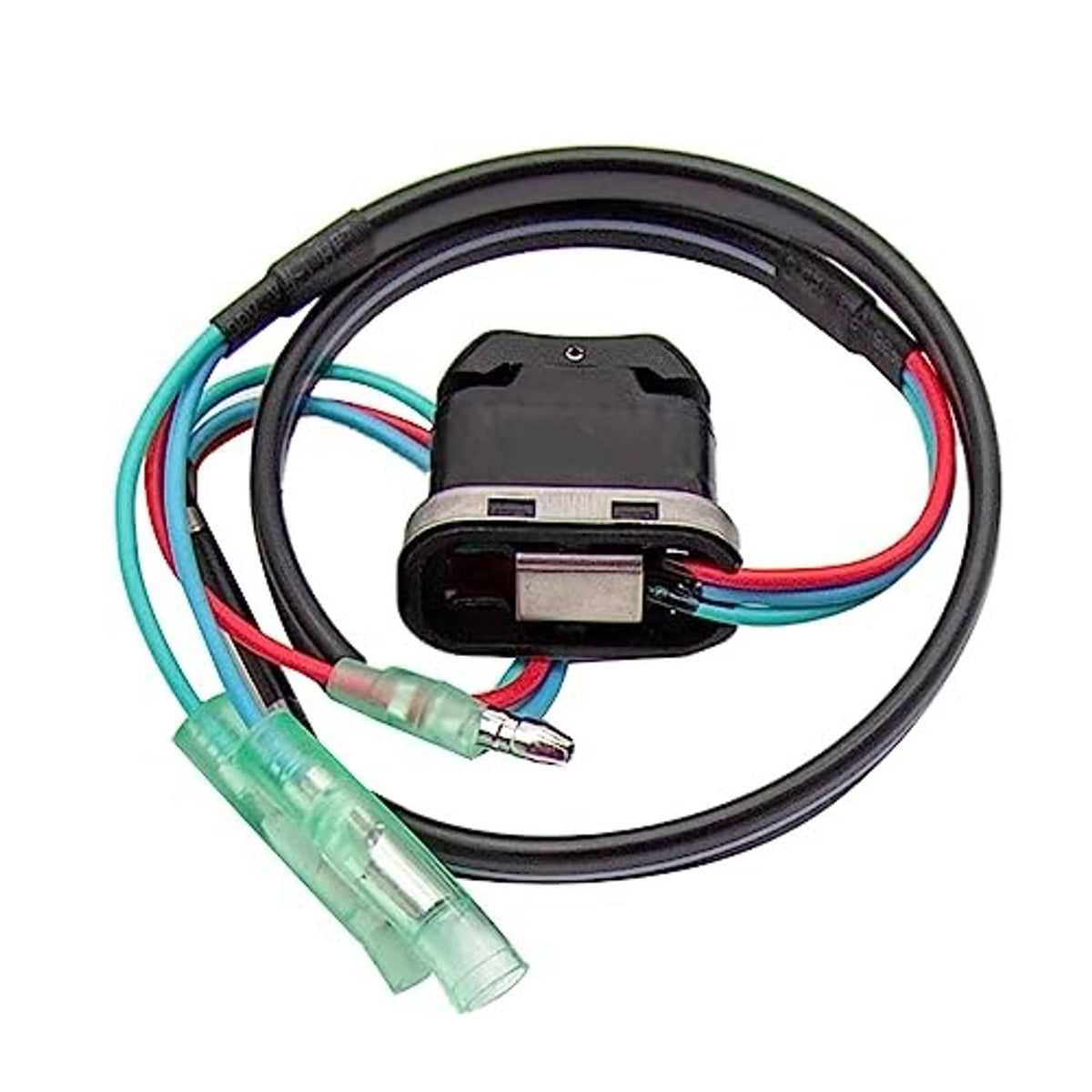 Inline tilt trim switch wiring with black housing and translucent green connectors