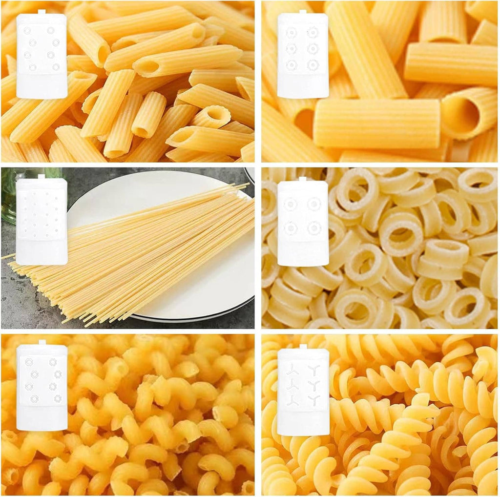 Six pasta die discs shown with different yellow pasta shapes and sizes