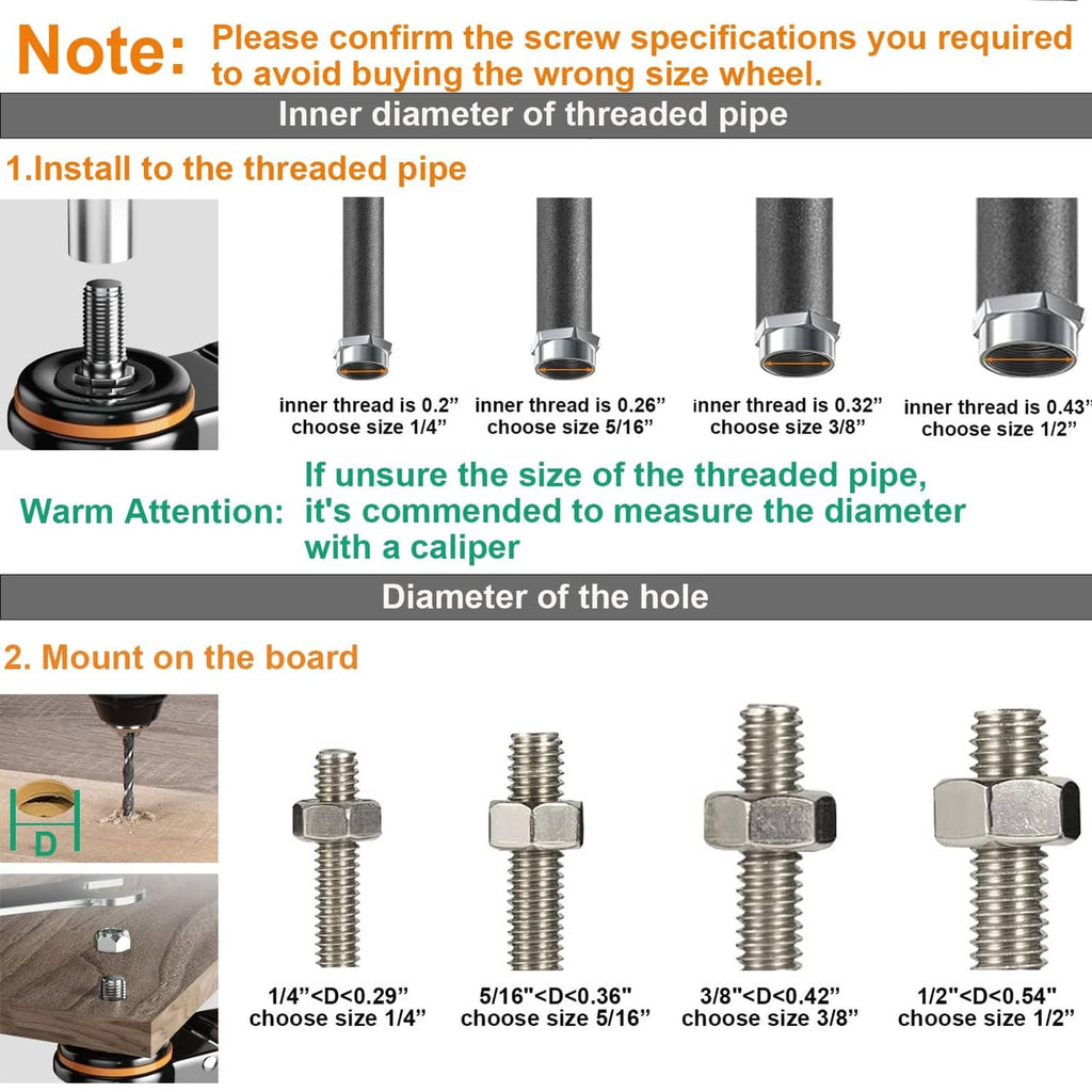 Threaded stem caster wheel with orange wheel and black frame, includes screw-size guidance