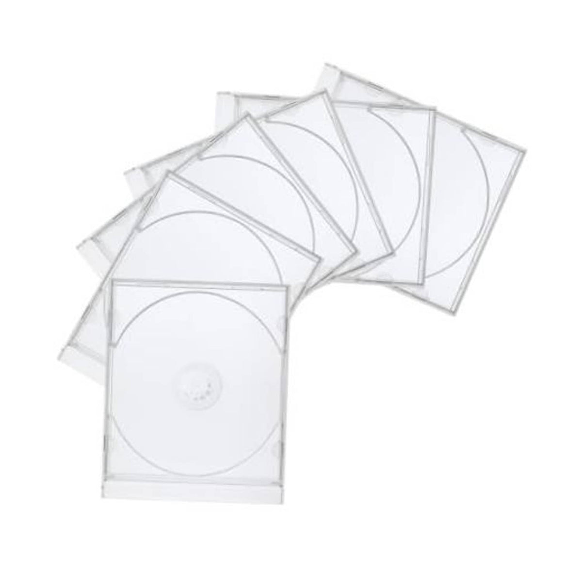 Set of 6 clear single-disc CD jewel cases, white plastic, disc shown
