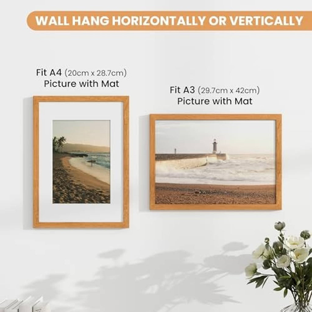 Teak wood A3 picture frame with white mat, wall-mounted in portrait or landscape
