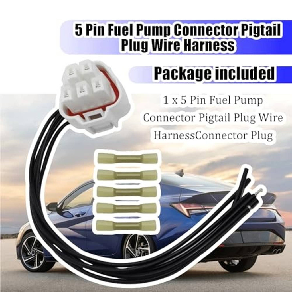 5-pin fuel pump connector pigtail harness kit with white plug, black wires, green terminals