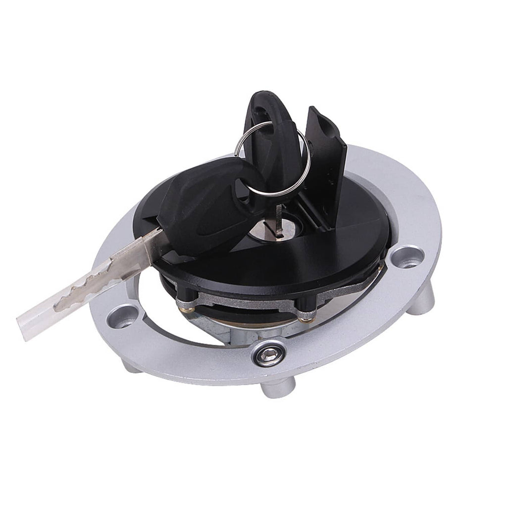 Fuel tank cap lock assembly close-up with two keys and circular silver mounting base