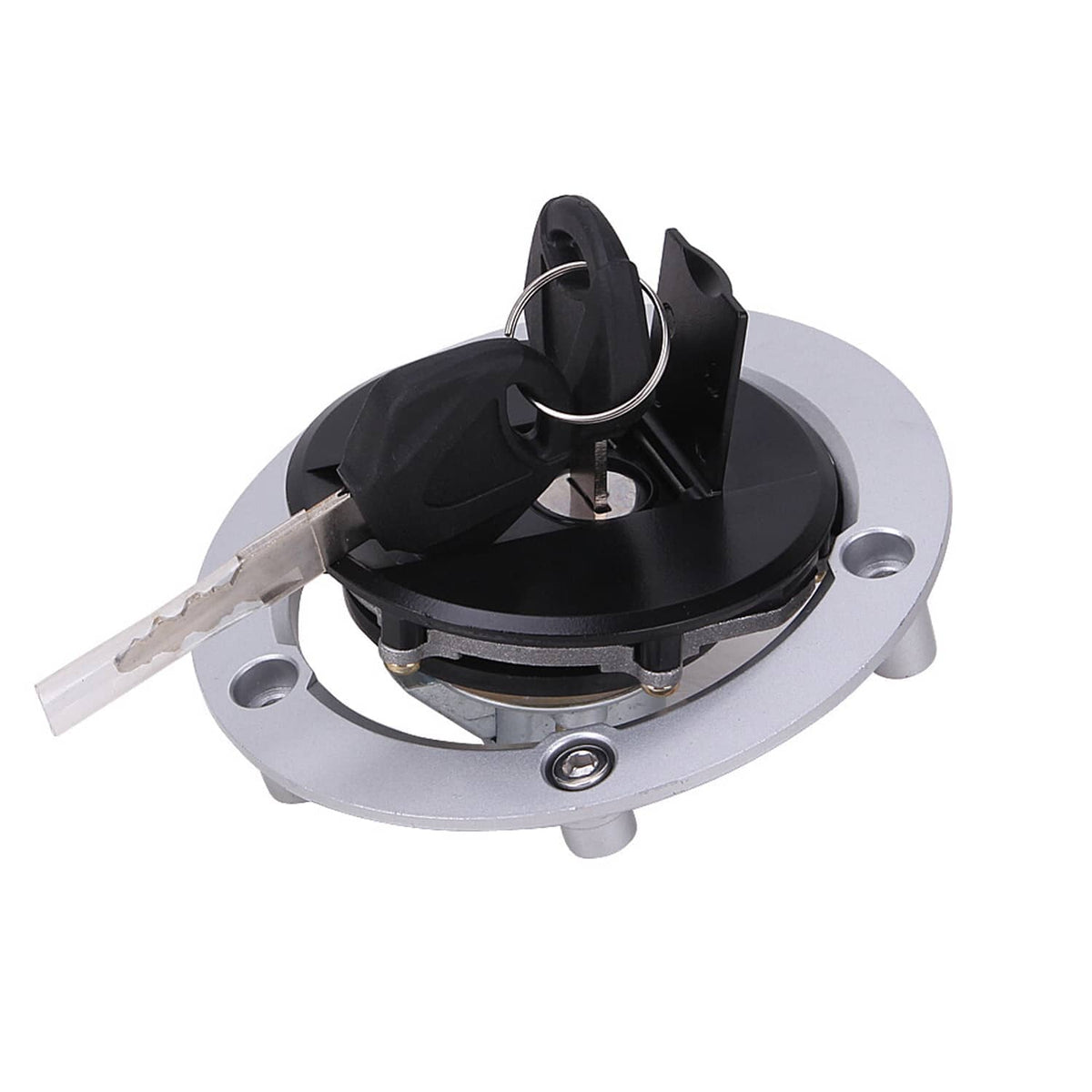 Fuel tank cap lock assembly close-up with two keys and circular silver mounting base
