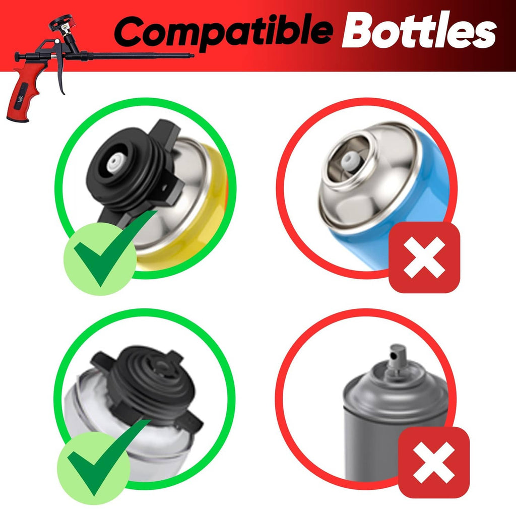 Expanding foam spray gun with compatibility shows for pressurized spray cans