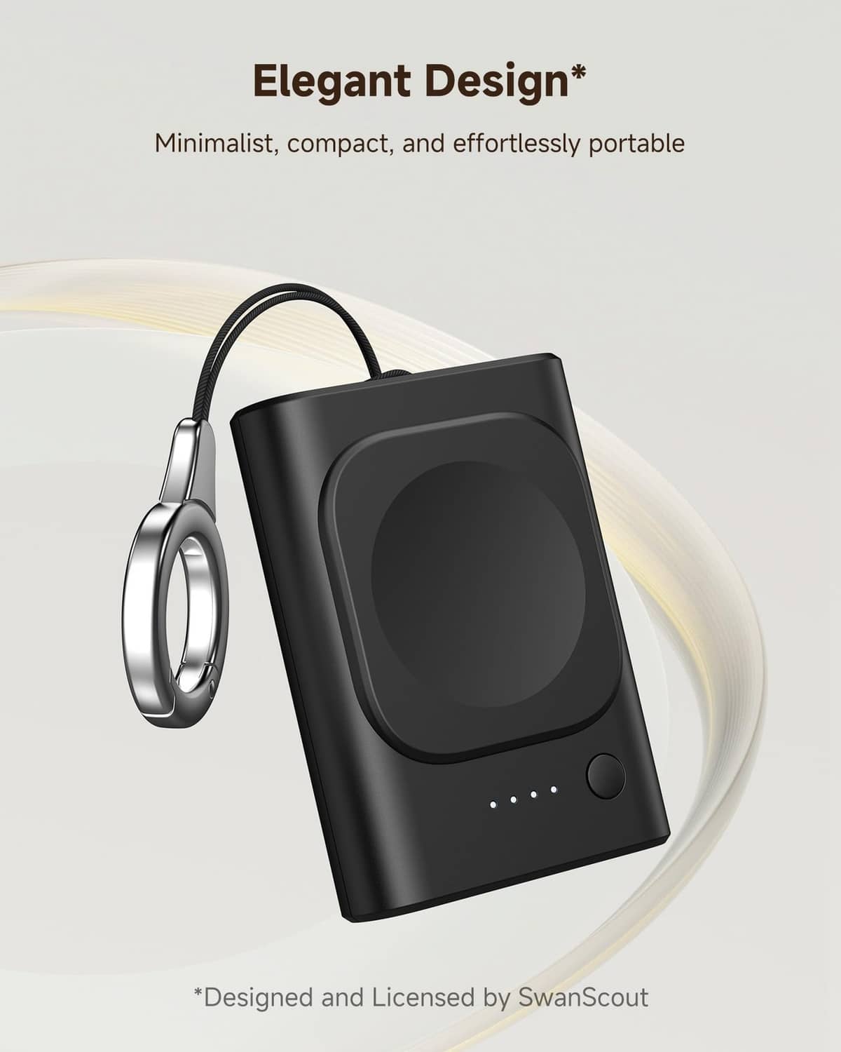 Portable watch charger battery pack with black face and cable ring, minimalist design