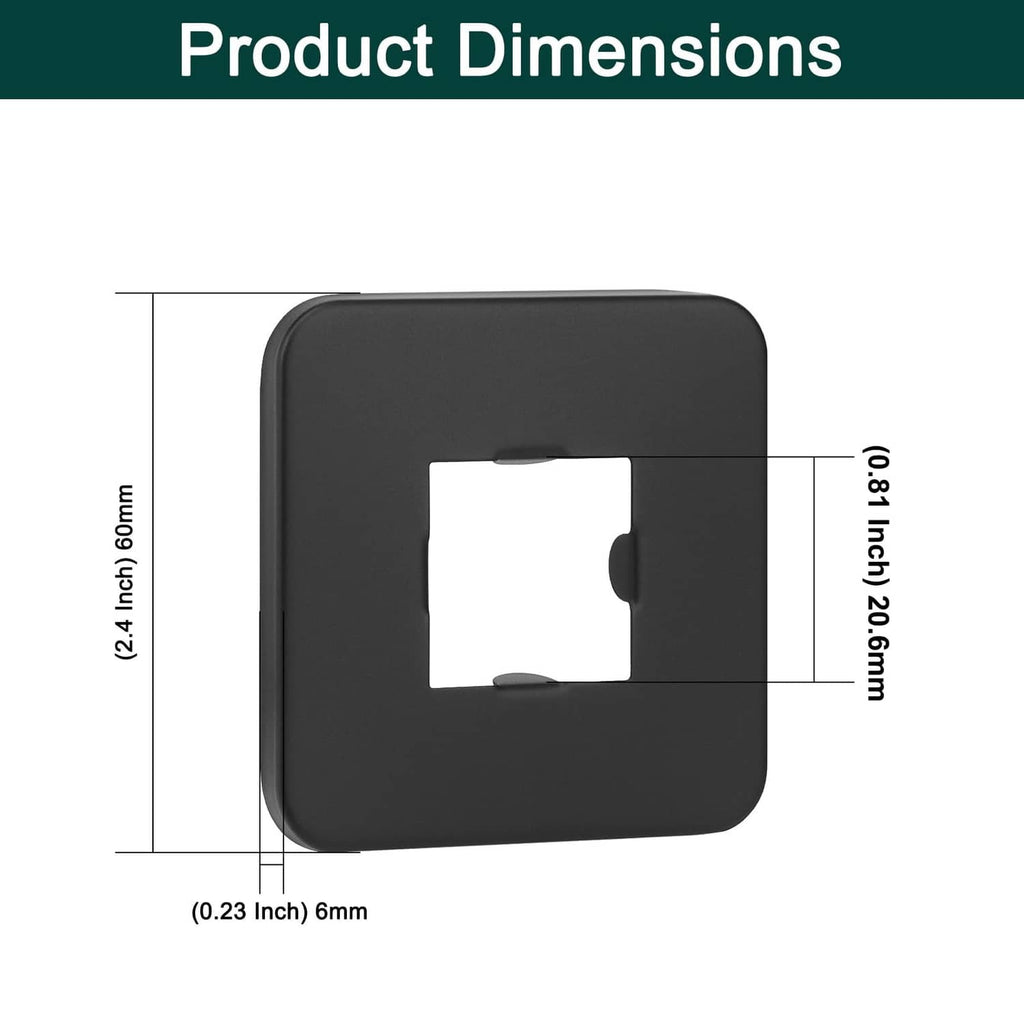 Matte black square shower arm flange cover, angled view showing center opening