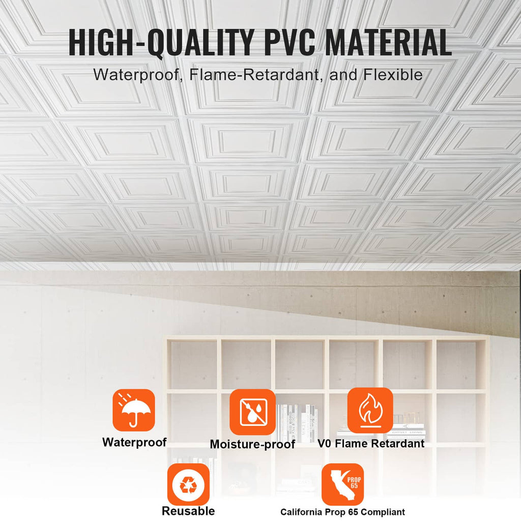White PVC ceiling tile panel with raised concentric square border and geometric lines