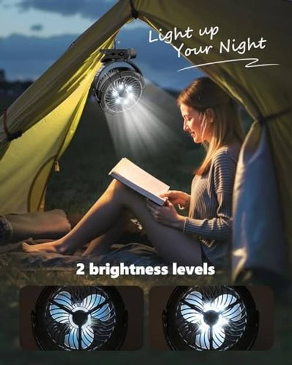 Black clip-on misting fan with bright LED-style light on the fan housing