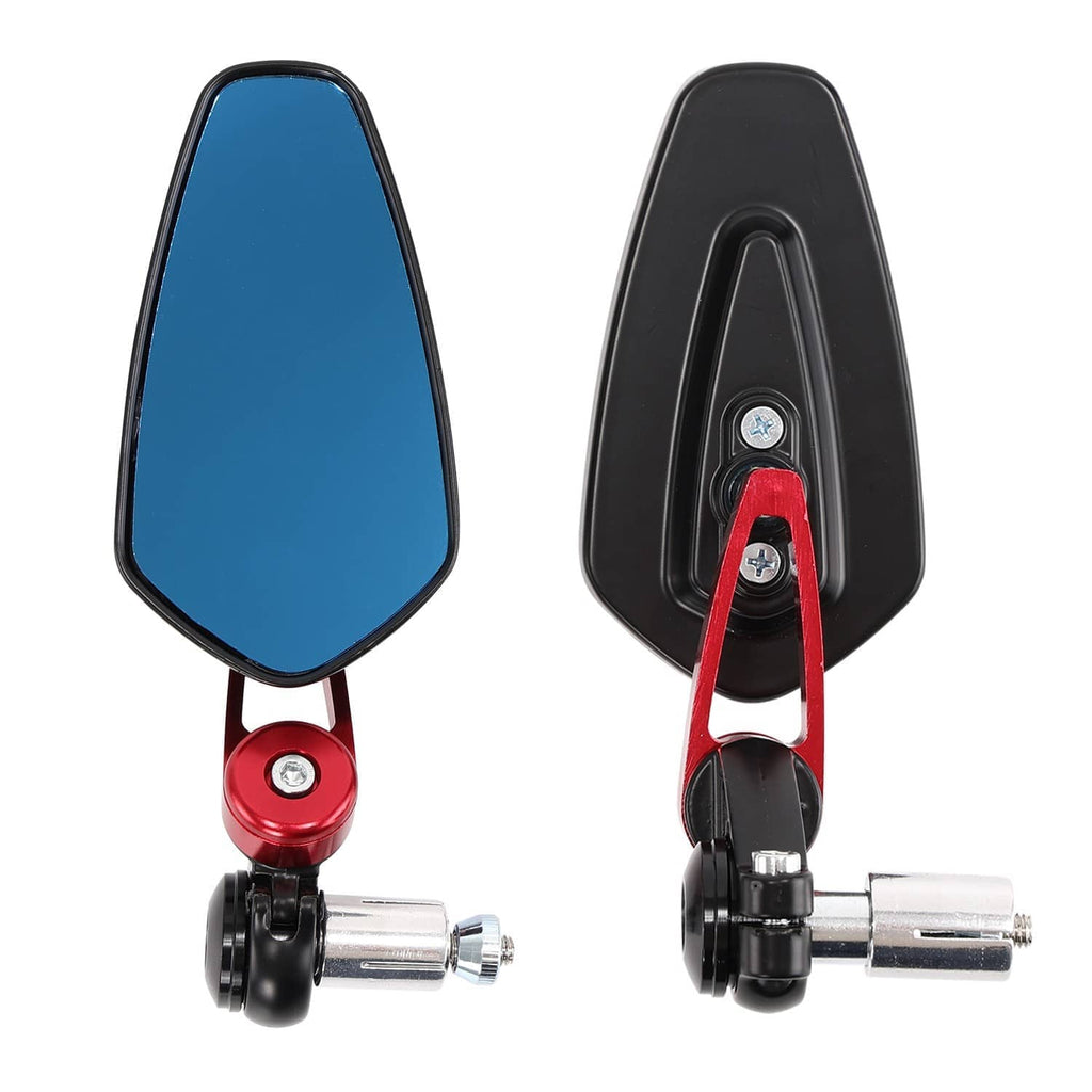 Set of motorcycle bar-end mirrors, blue glass lenses, red pivot arms, black brackets.