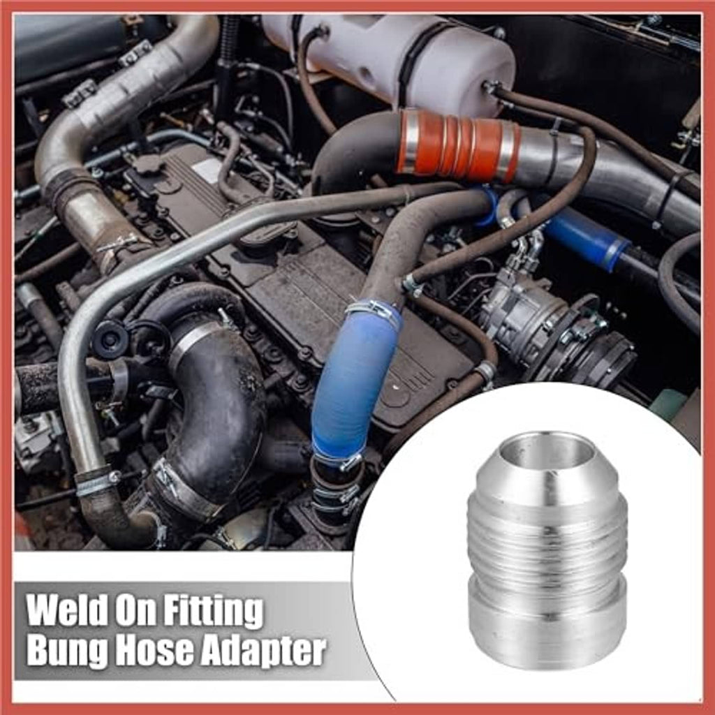 Aluminum weld-on bung hose adapter, silver, installed on an engine bay hose port