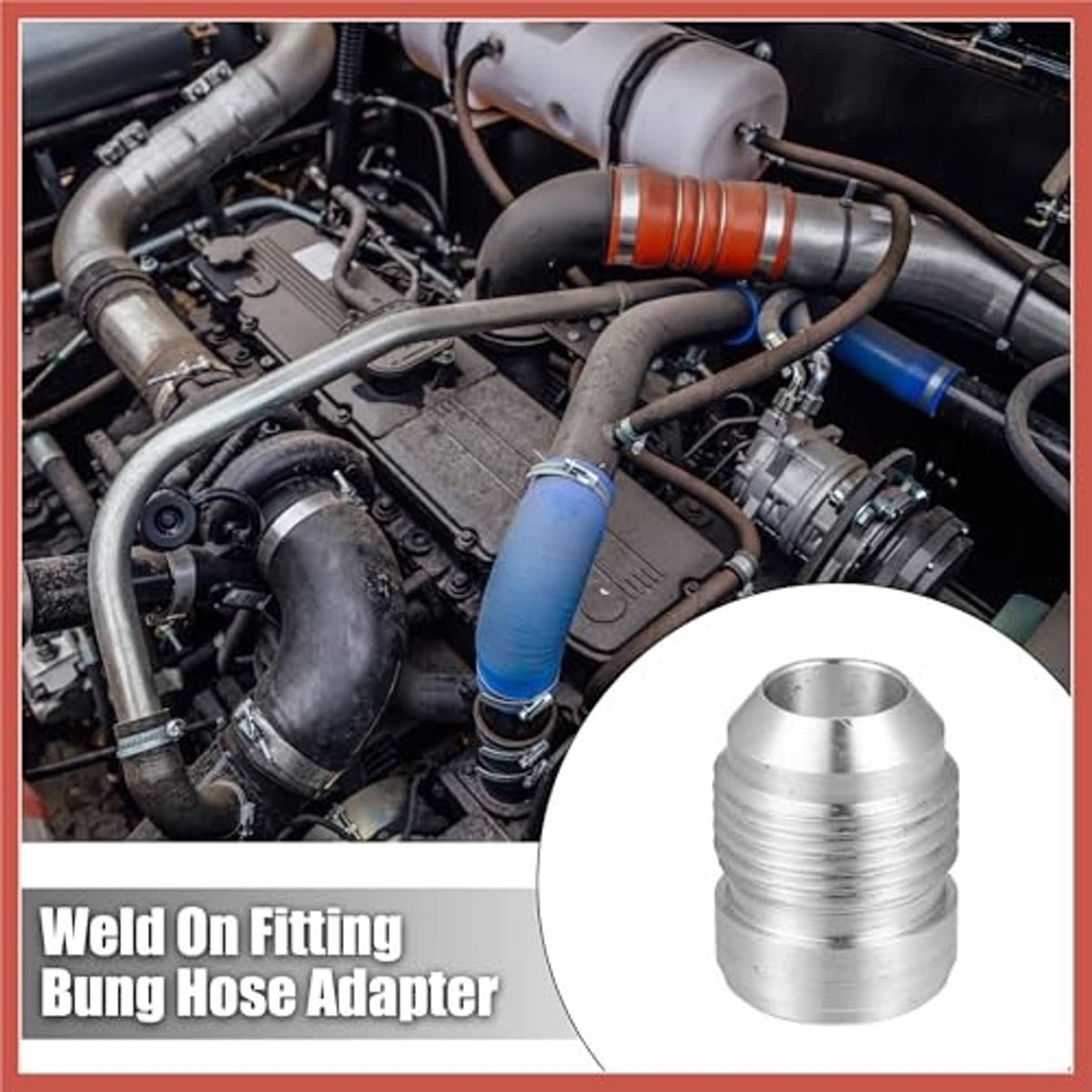 Aluminum weld-on bung hose adapter, silver, installed on an engine bay hose port