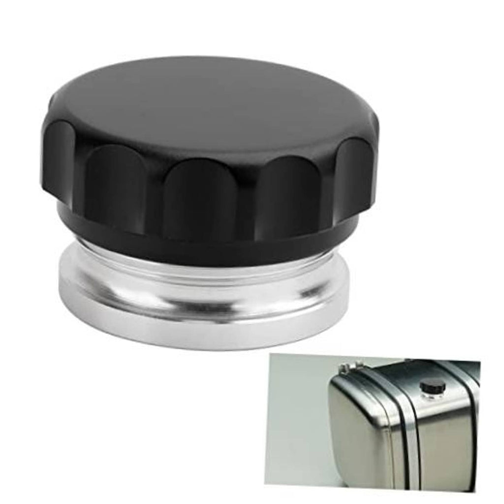 Black top aluminum filler neck cap with knurled ridges and polished silver base ring