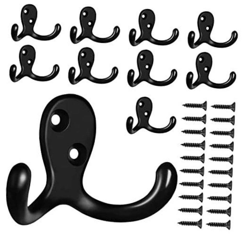 10-pack black wall coat hooks with double prongs and mounting screws, matte finish