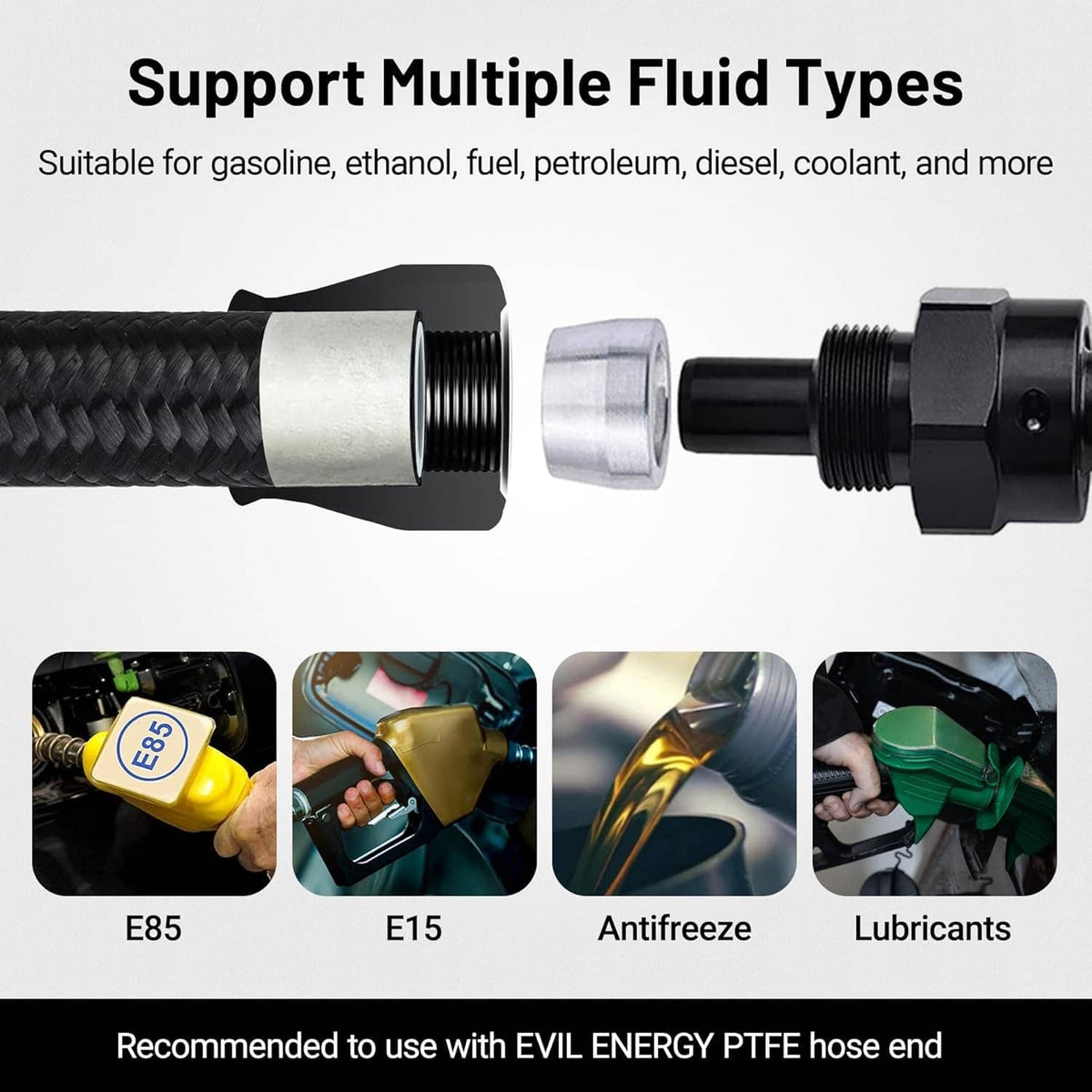 PTFE-lined nylon braided fuel hose with threaded AN connectors and inline fitting