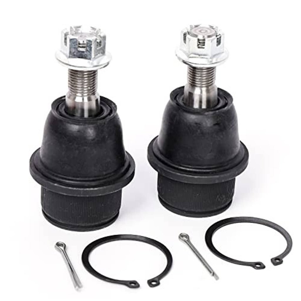 Ball joint pair with black rubber boots, metal studs, and C-clip retaining rings