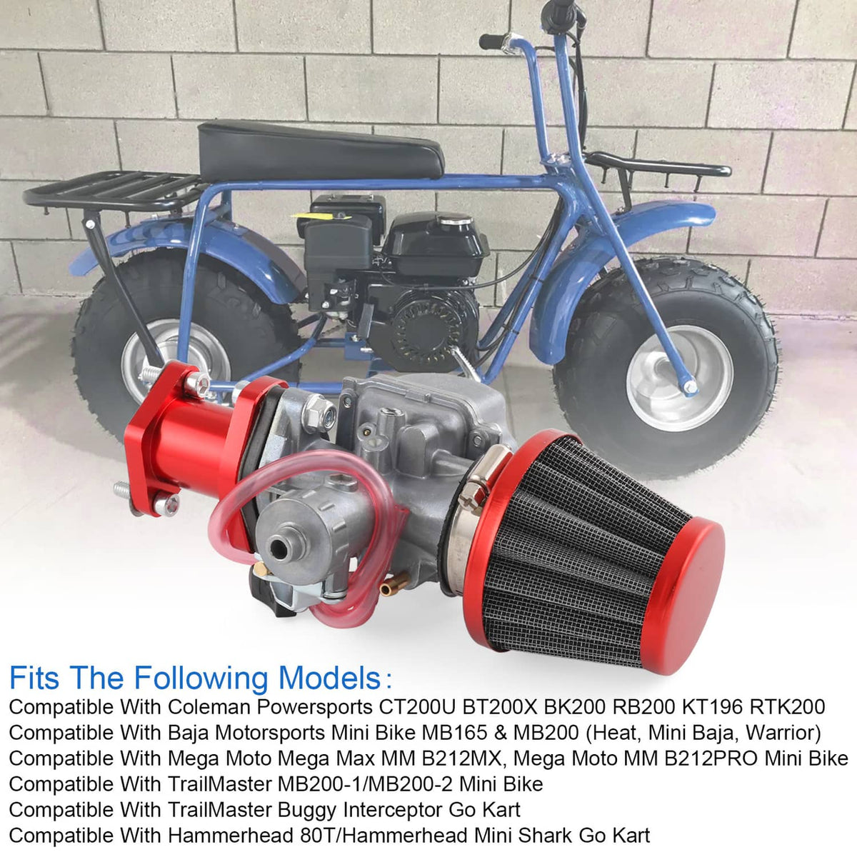 Carburetor and red air filter mounted on a blue mini bike engine
