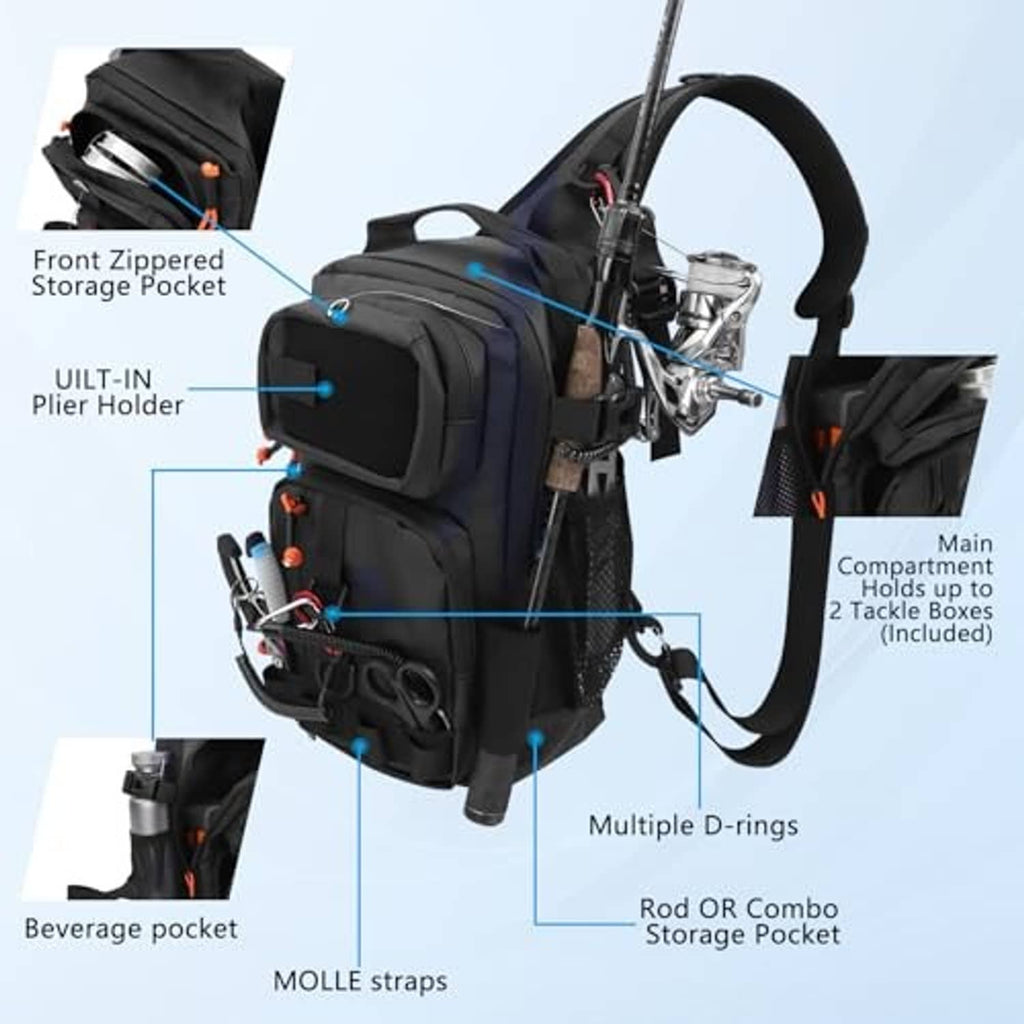 Black fishing sling backpack with D-rings, plier holder, and front storage pockets