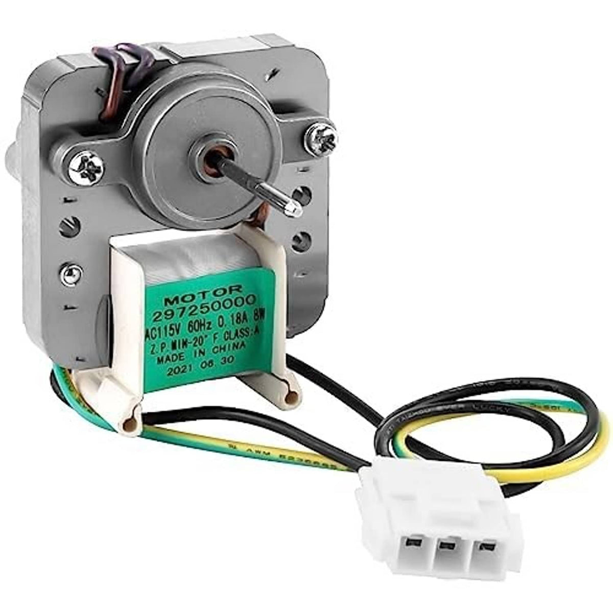 Evaporator fan motor with metal housing, shaft, and white plug connector on wire harness