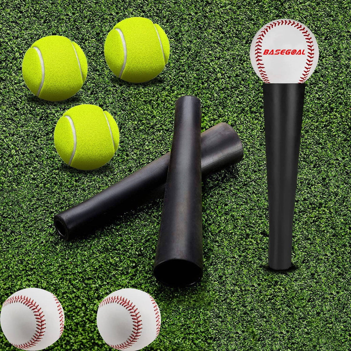 Black rubber ball tee topper cups on green turf with baseballs and softballs