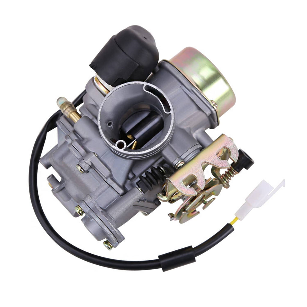 Carburetor angled view with black intake hose, gray body, gold top cap, and side connections