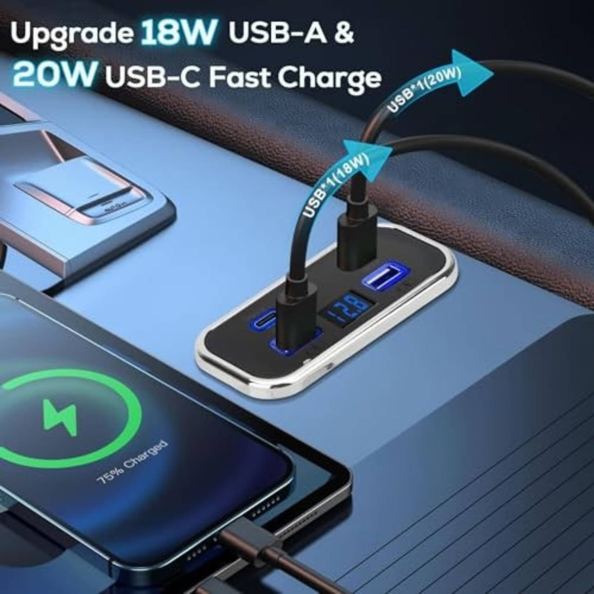 Black 4-port car USB charger panel with blue-lit ports connected in a car dashboard