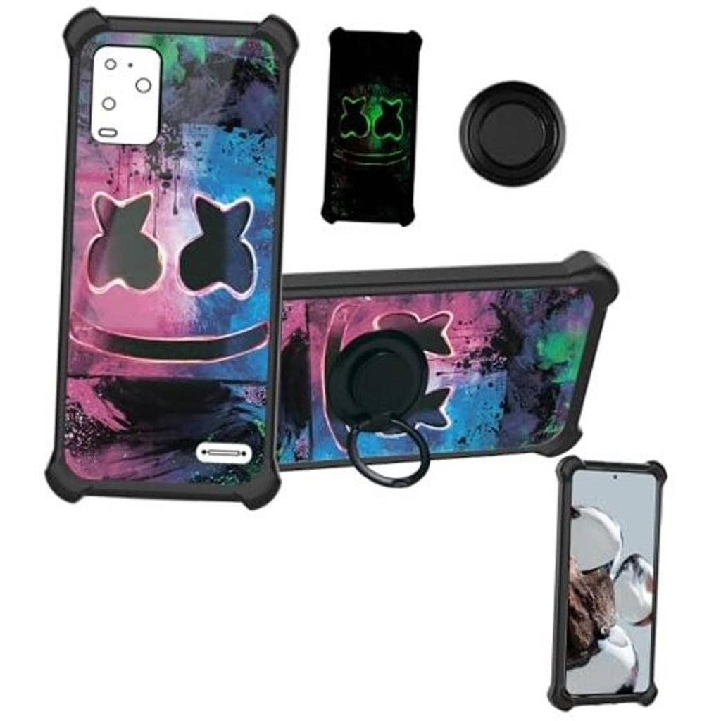 Rugged phone case with black bumper, colorful graffiti-style print, and magnetic mount disc.