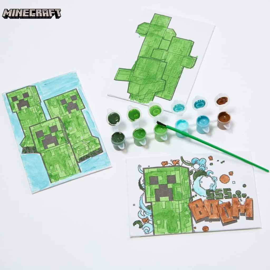 Minecraft painting set with two painted canvases, paint pots, and green paintbrush