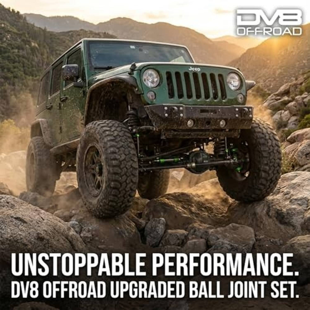 Green DV8 ball joint set installed on lifted Jeep front suspension