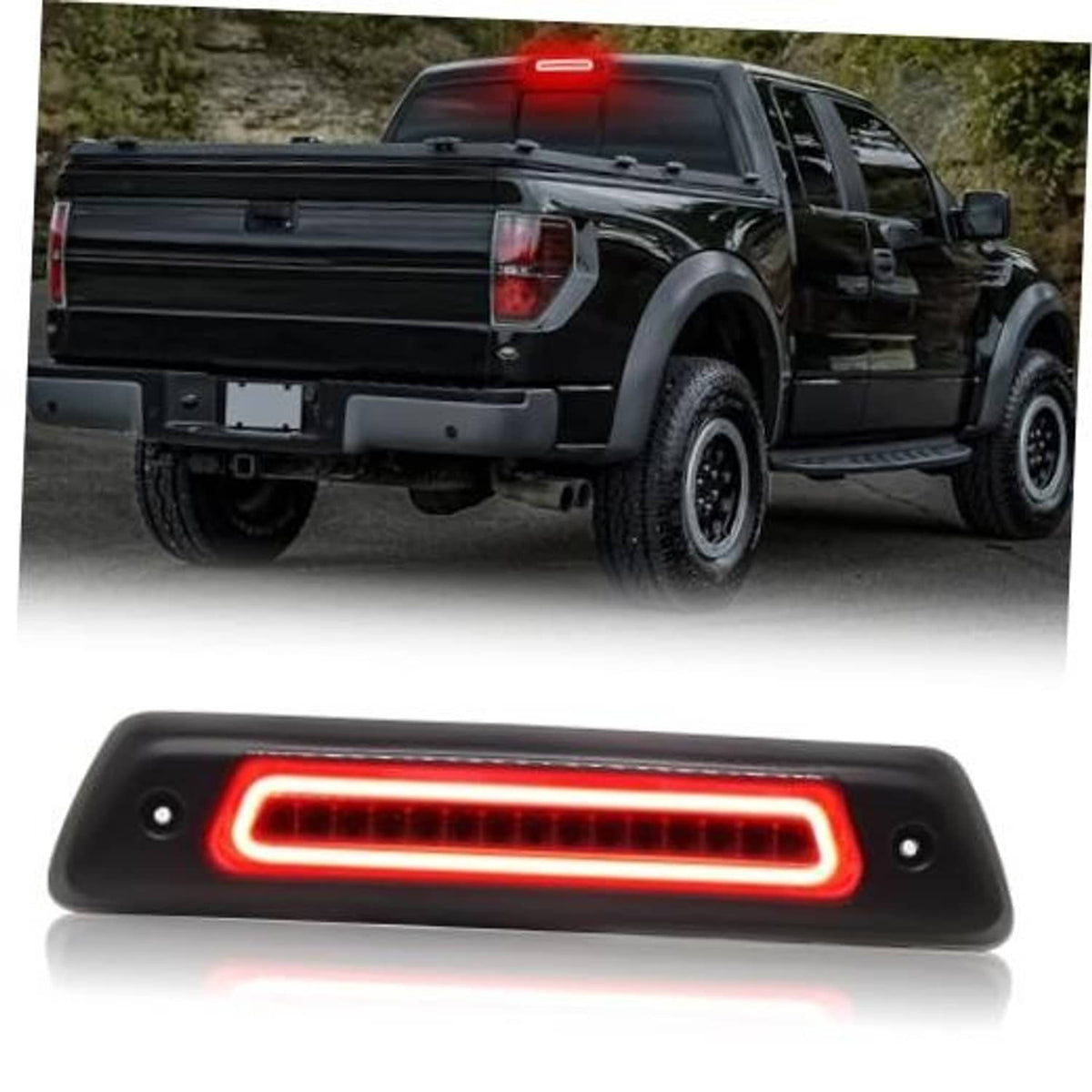 LED third brake light with smoked housing and red LED strip on truck tailgate